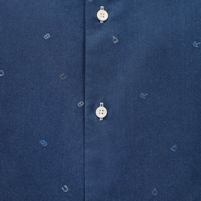 Indigo Lavé "Calligraphie Equestre Jacquard" Fitted Shirt With Louis Collar