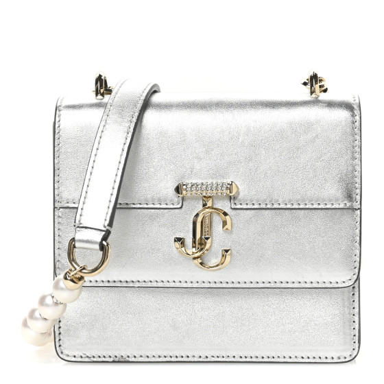 Jimmy Choo Metallic Calfskin Pearl Varenne Crystal Bar Avenue Chain Clutch Silver