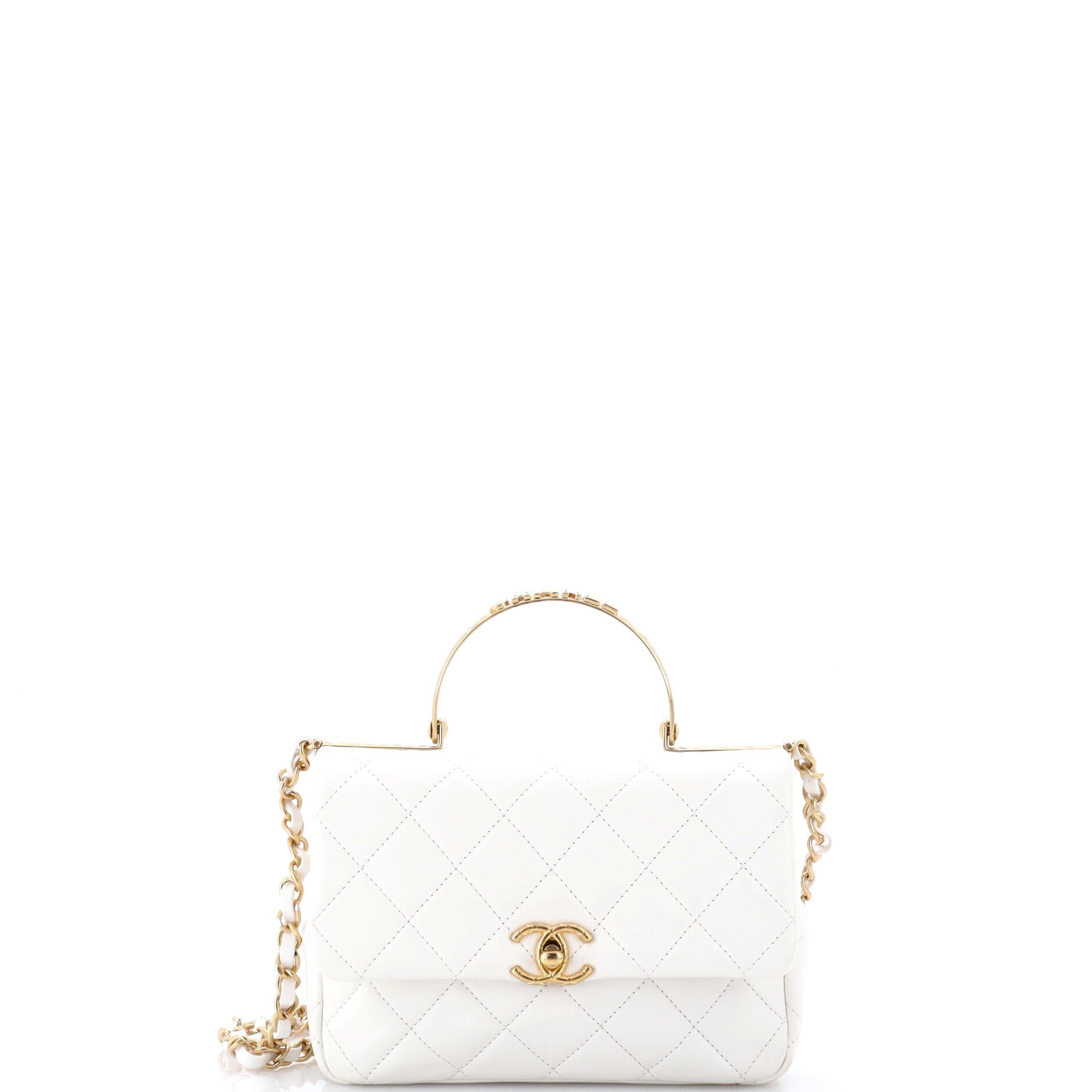 Logo Quilted Metal Top Handle Flap Bag Quilted Lambskin with Metal and Crystals Small