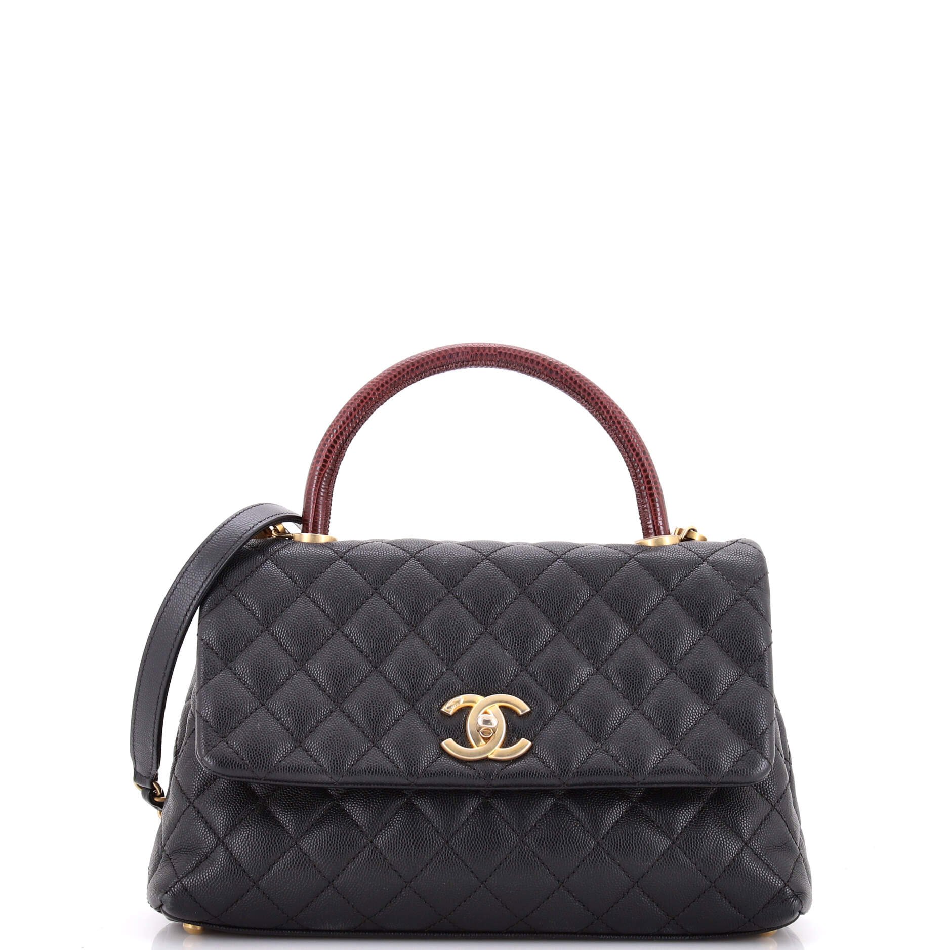 Coco Top Handle Bag Quilted Caviar with Lizard Small