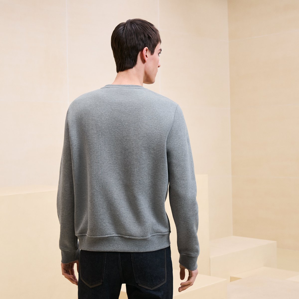 Gris "Metallerie Au Carre" Crewneck Sweater With Leather Detail