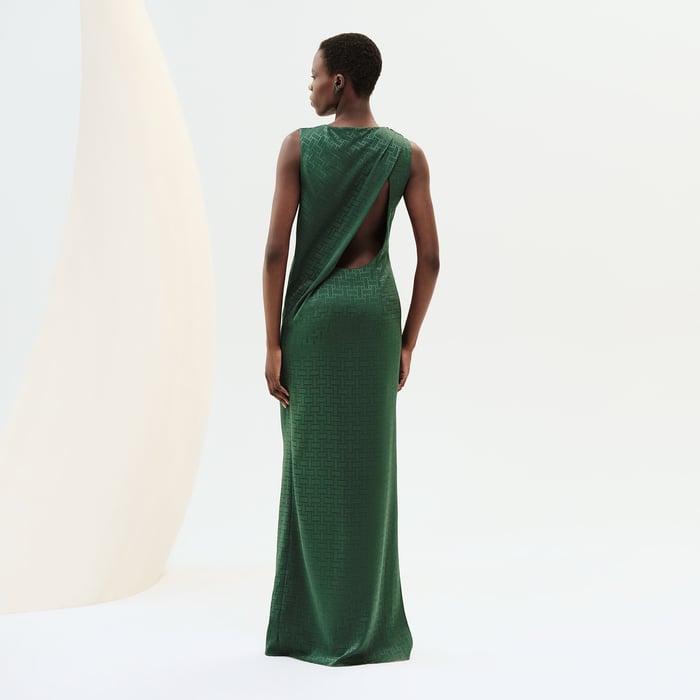Vert Bouteille "Mosaique" Draped Long Dress