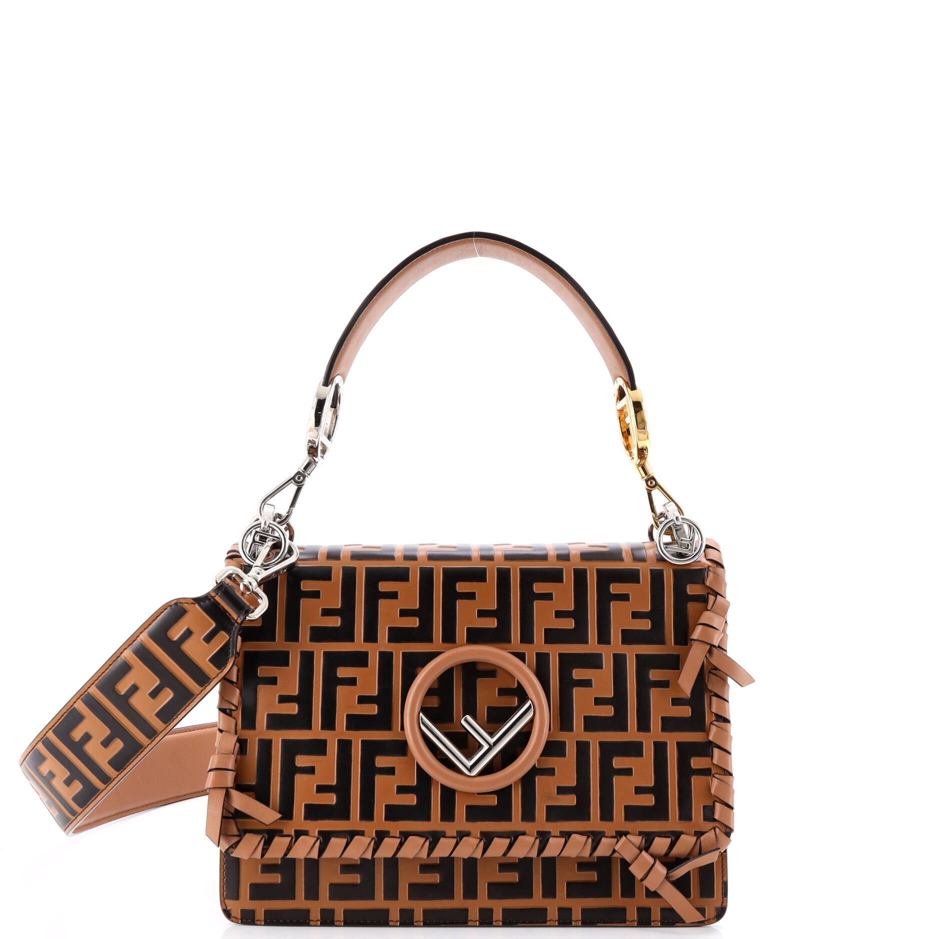 Fendi Kan I F Shoulder Bag Whipstitch Zucca Embossed Leather Medium