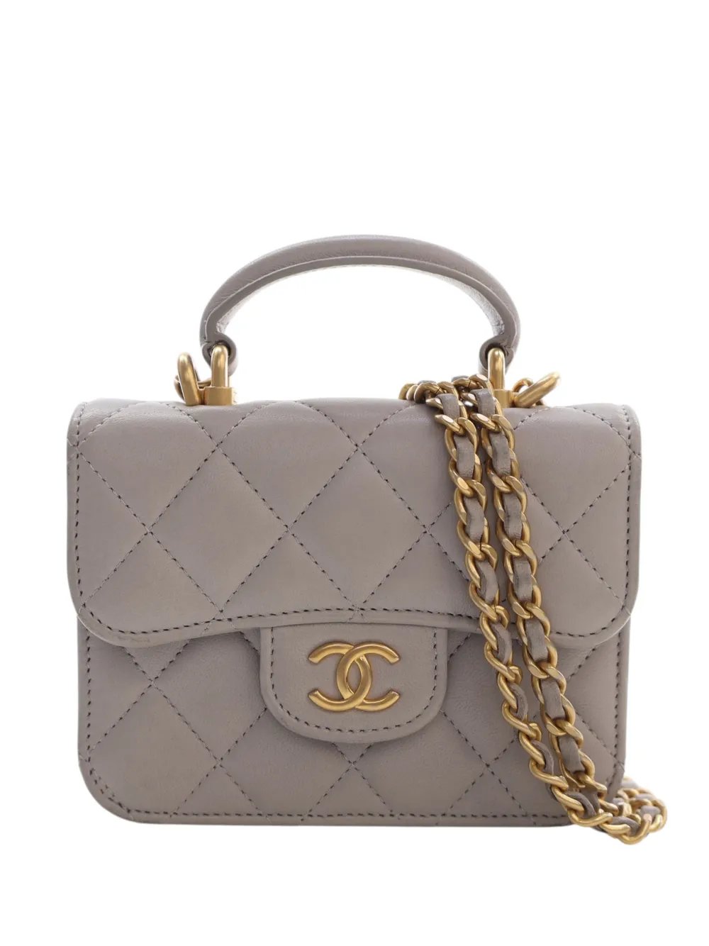 2021 Mini Quilted Lambskin Top Handle Card Holder with Chain satchel