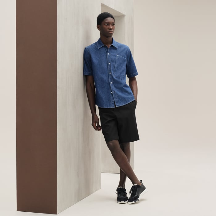 Indigo Lavé Short-sleeve Straight Cut Denim Shirt With Detail
