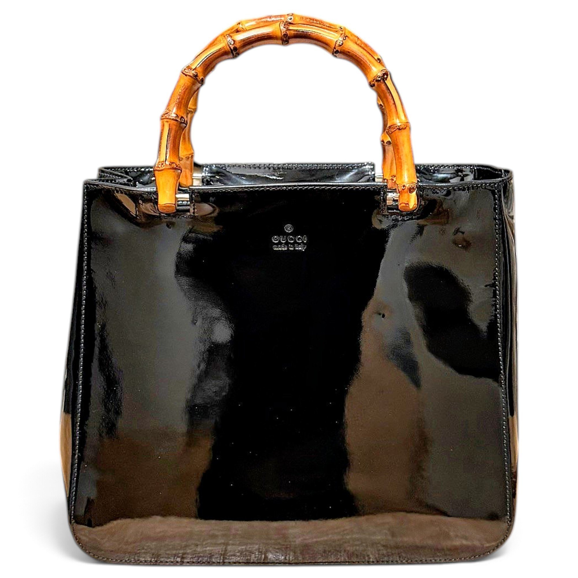 Bamboo patent leather handbag