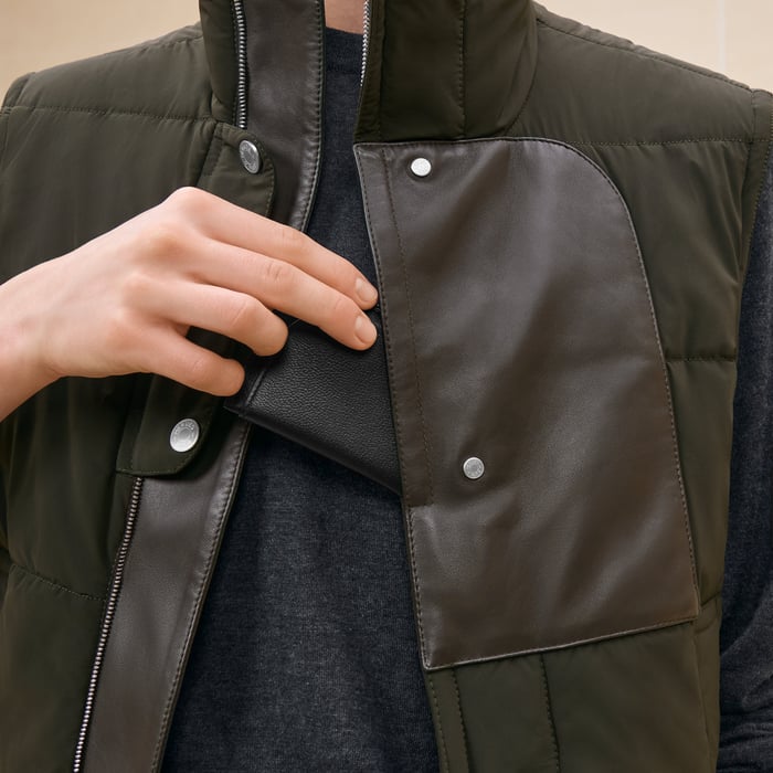 Kaki Quilted Vest With Leather Detail