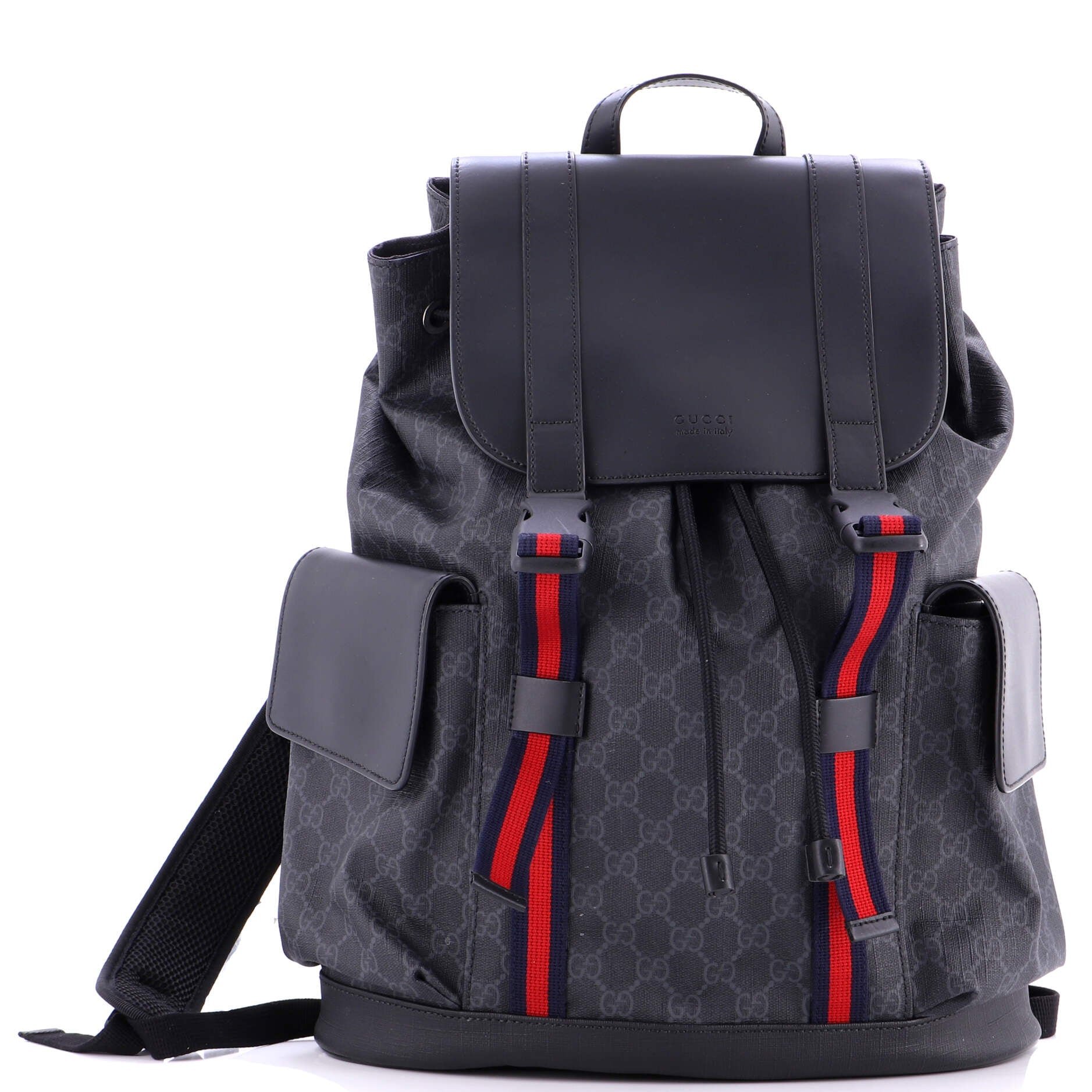 Gucci Double Pocket Buckle Backpack GG Coated Canvas Large