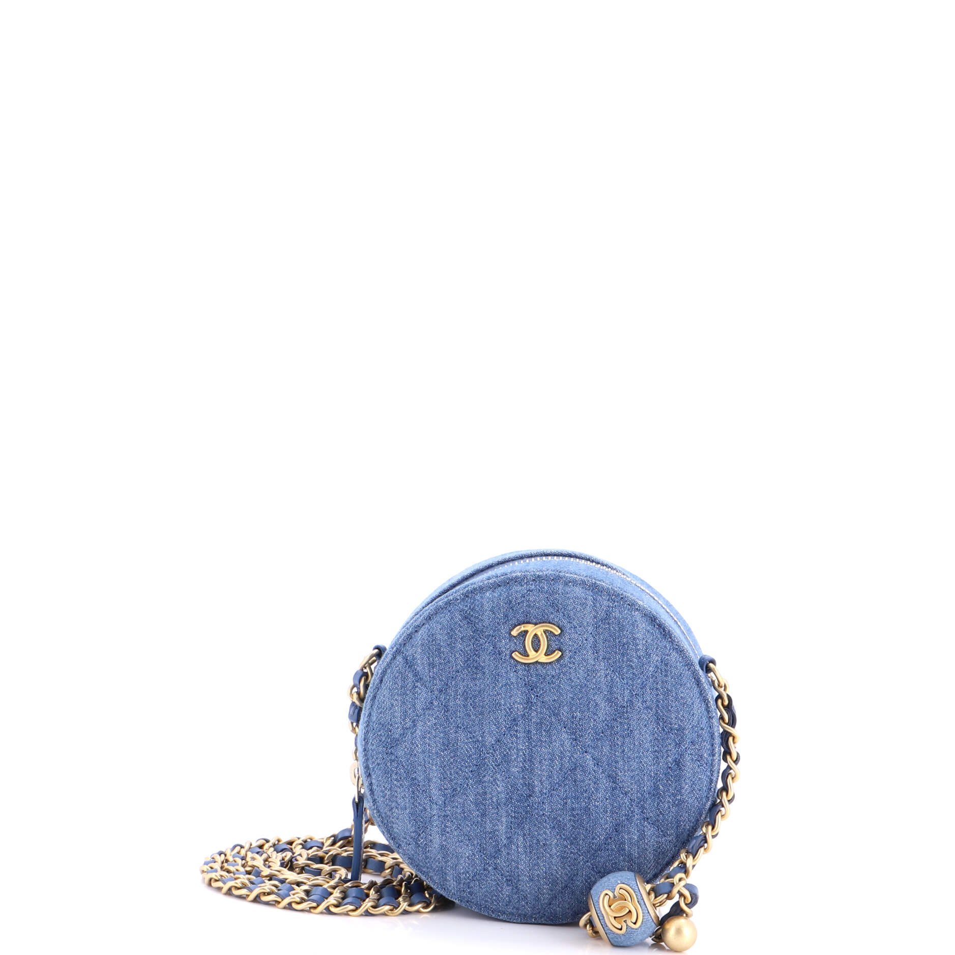 Pearl Crush Round Clutch with Chain Quilted Denim