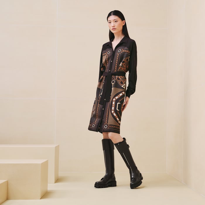 Marron Tarn "Effet Kaleidoscope" Shirt Knotted Waist Twillaine Dress
