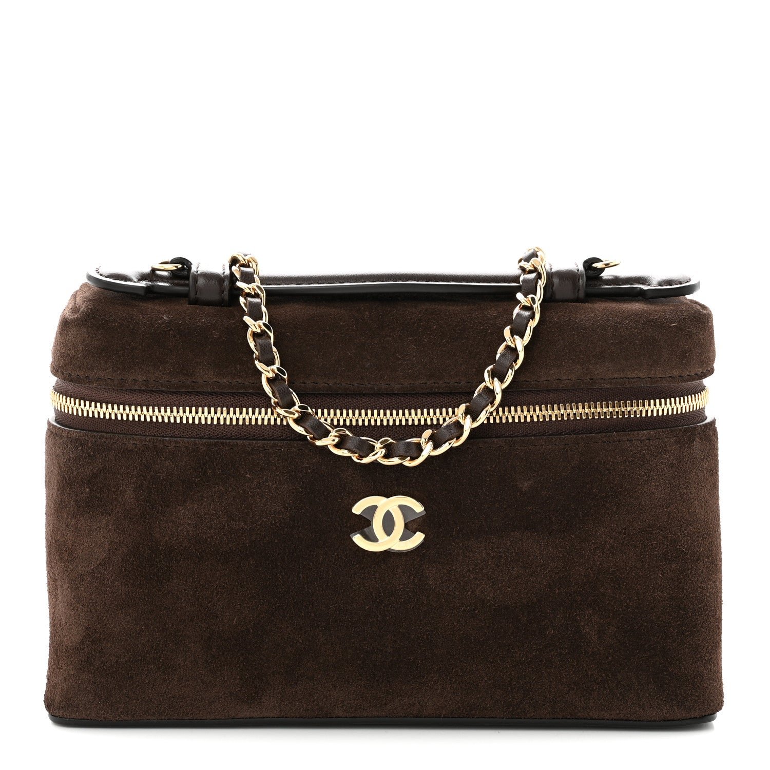 Chanel Suede Calfskin Top Handle Trapeze Small Vanity Case With Chain Dark Brown
