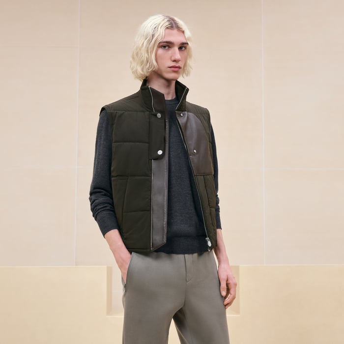 Kaki Quilted Vest With Leather Detail