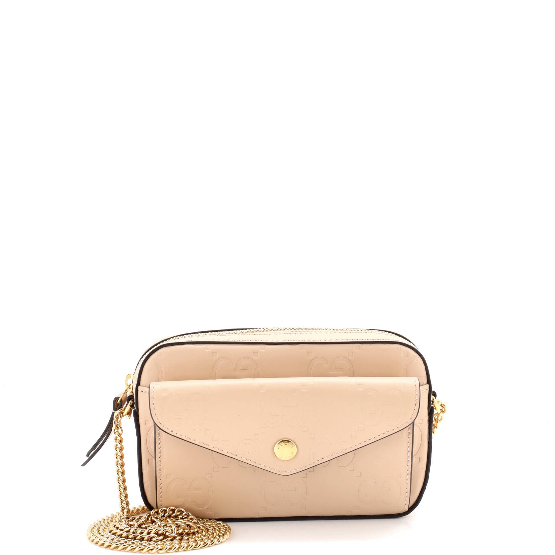 Gucci Front Pocket Chain Shoulder Bag Jumbo GG Embossed Leather Super Mini