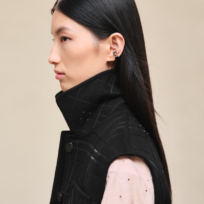 Noir Embroidered Short Vest With Leather Detail
