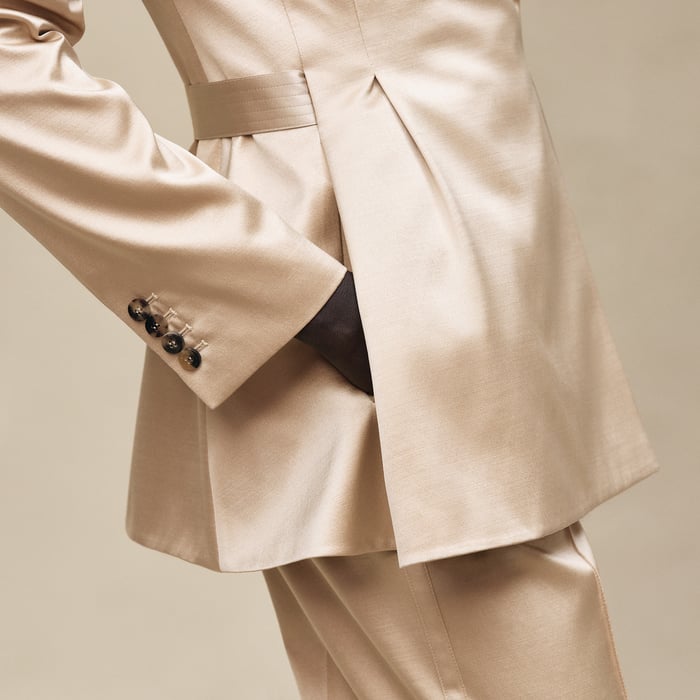 Beige Gold Suit Jacket With Knotted Waist