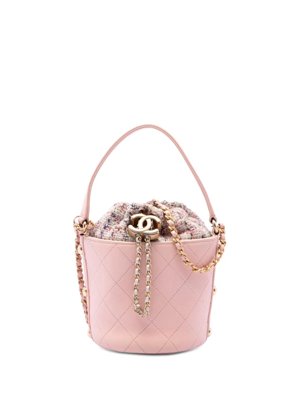 2019 Small CC Calfskin and Tweed Drawstring Bucket Bag satchel