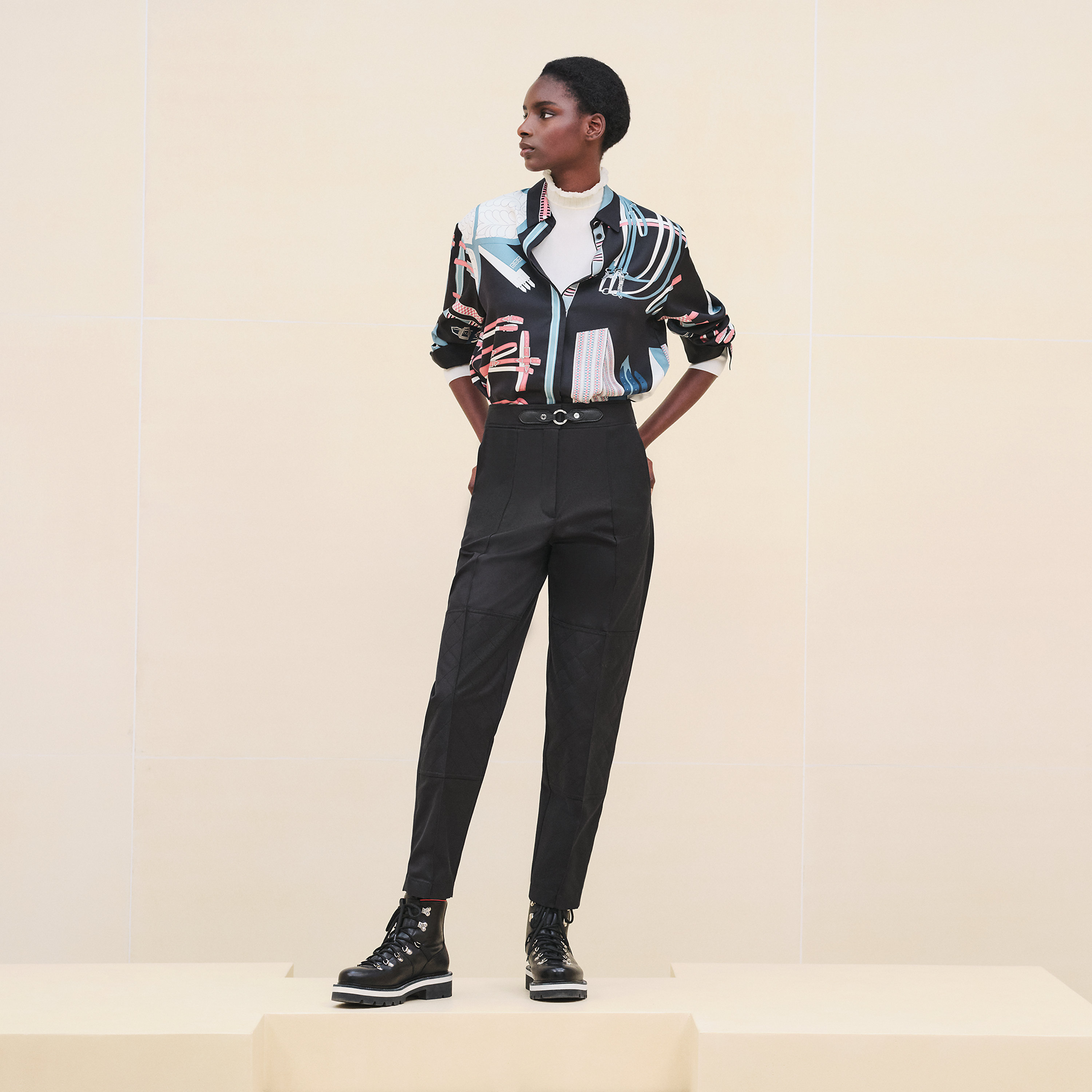 Mixed leather quilted pants