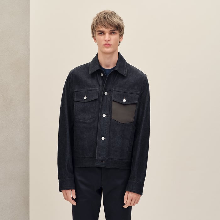 Indigo Straight Cut Jacket With Leather Detail