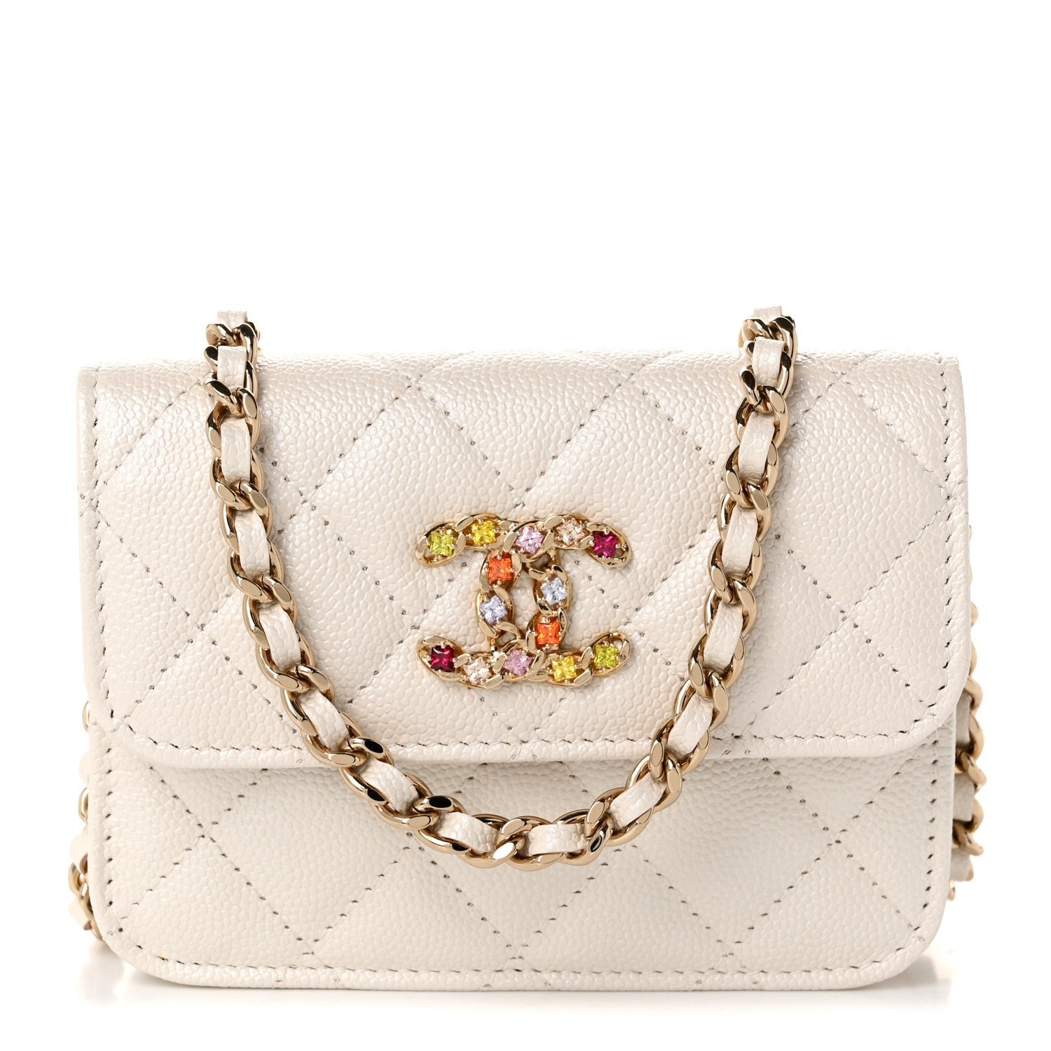 Chanel Caviar Quilted Crystal CC Clutch With Chain White