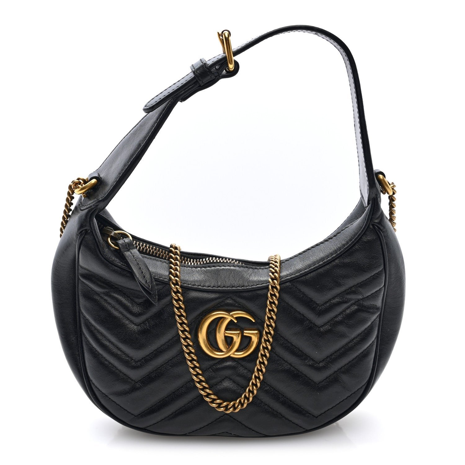 Gucci Calfskin Matelasse Chevron Mini GG Marmont Half Moon Hobo Black