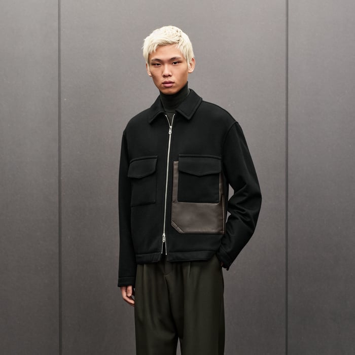 Noir Cashmere Zipped Straight Cut Jacket With Leather Details