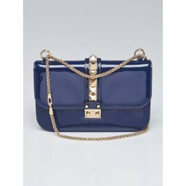 Valentino Valentino Blue Patent Leather Rockstud Glam Lock Medium Flap Bag	