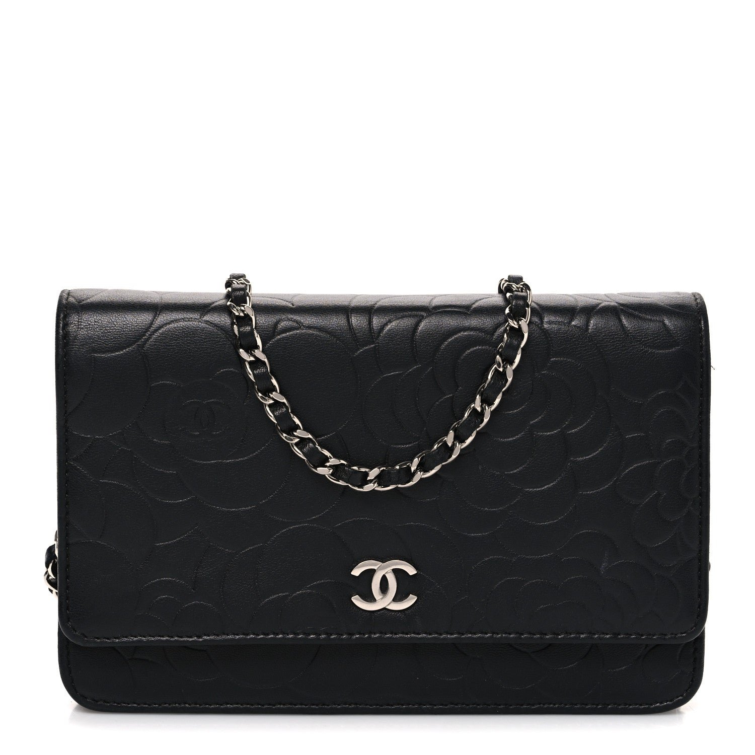 Chanel Lambskin Camellia Embossed Wallet on Chain WOC Black