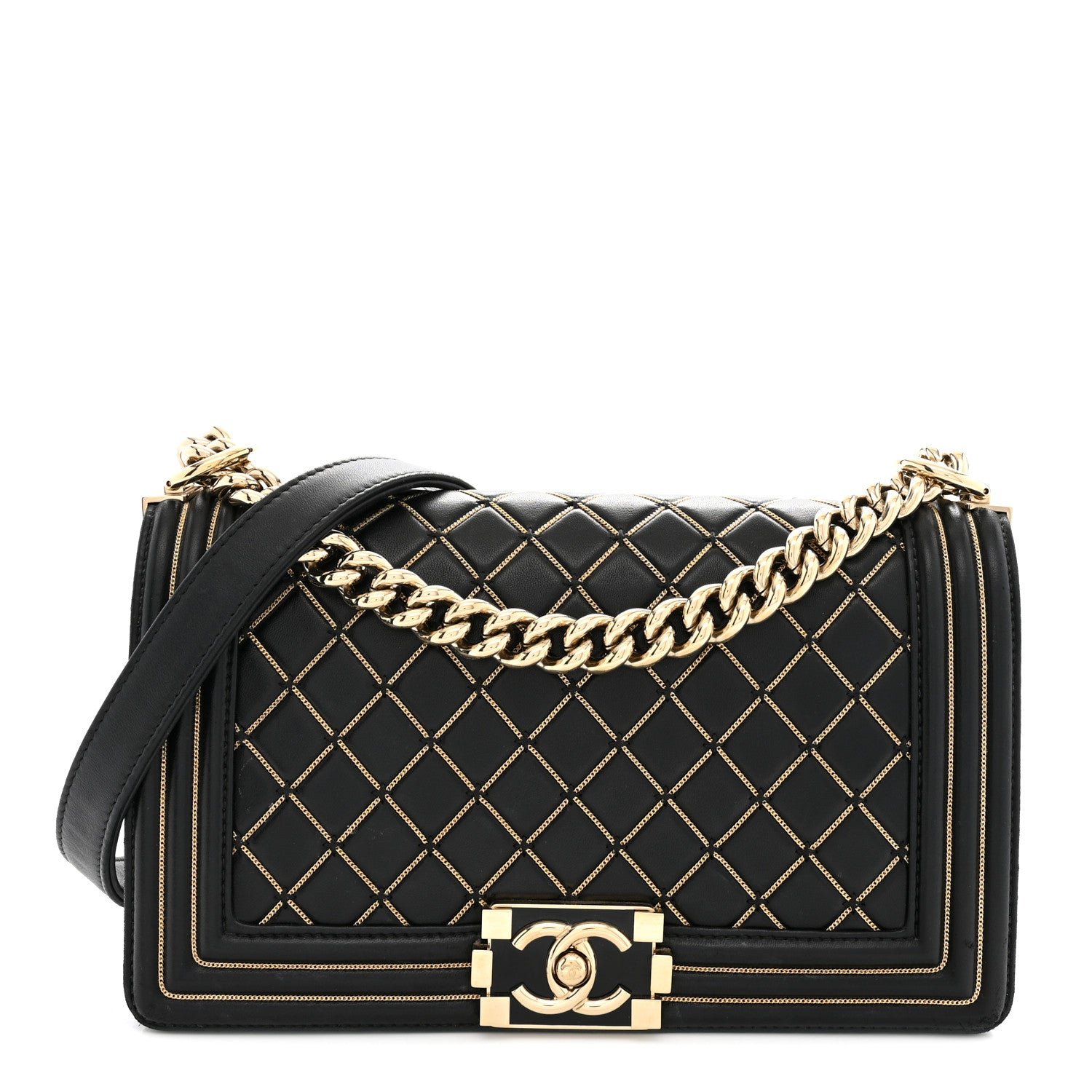 Chanel Lambskin Chain Quilted Medium Boy Flap Black