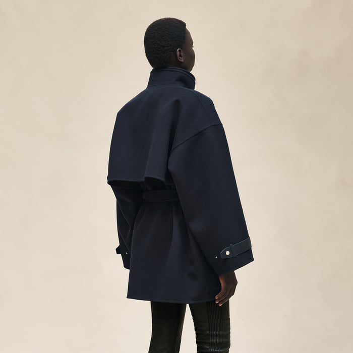 Bleu Noir Short Mixed Leather Cashmere Coat