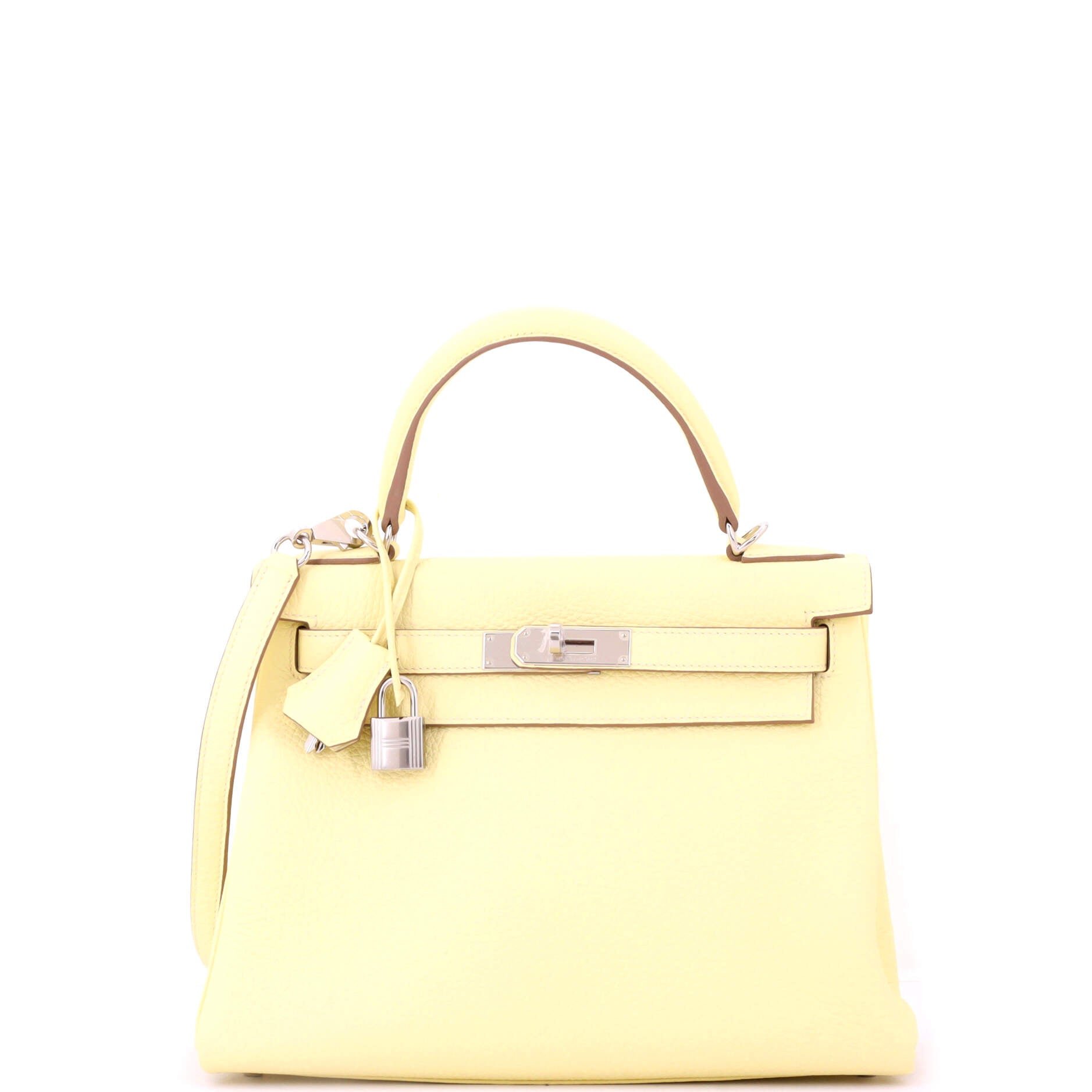 Hermes Kelly Handbag Jaune Poussin Clemence with Palladium Hardware 28