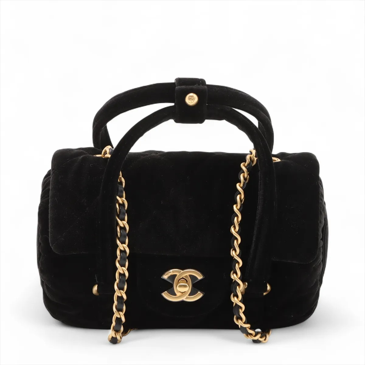 Chanel Matelasse Velvet 2 Way Handbag Black Gold Metal Fittings random plate Yea