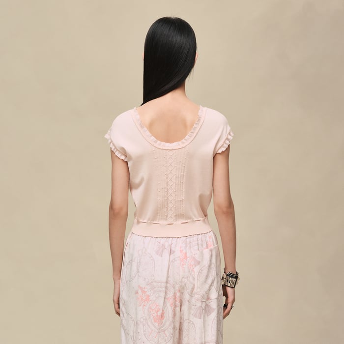Rose Palomino Short-sleeve Sweater With Ruffled Details