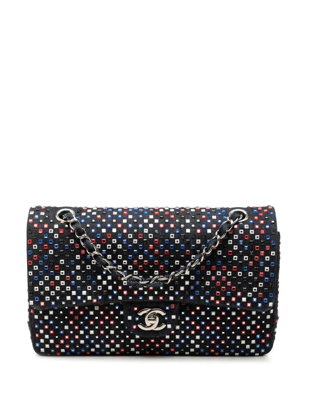 2016-2017 Medium Classic Strass Embellished Denim Double Flap shoulder bag