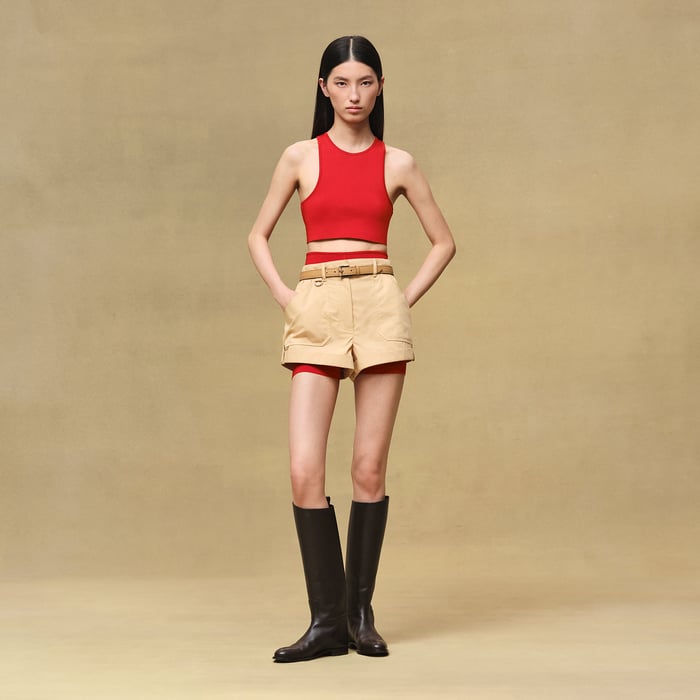 Beige Cajou Pleated Waist Cotton Shorts