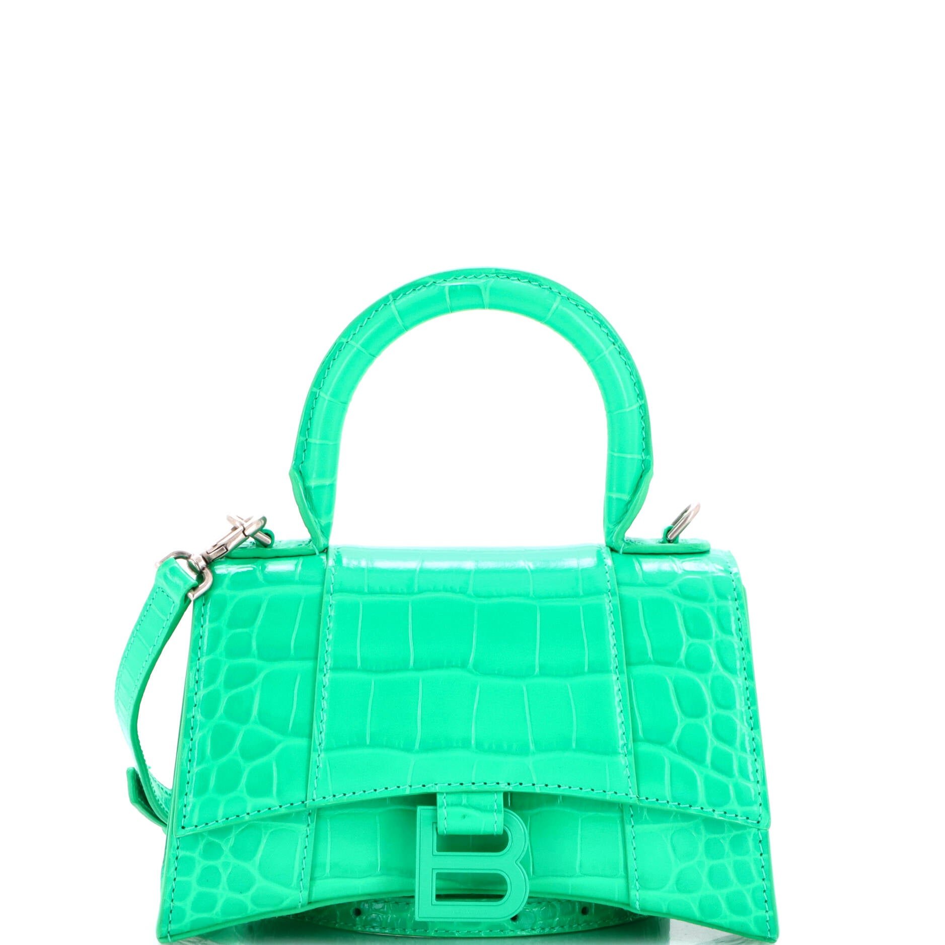 Hourglass Top Handle Bag Crocodile Embossed Leather XS