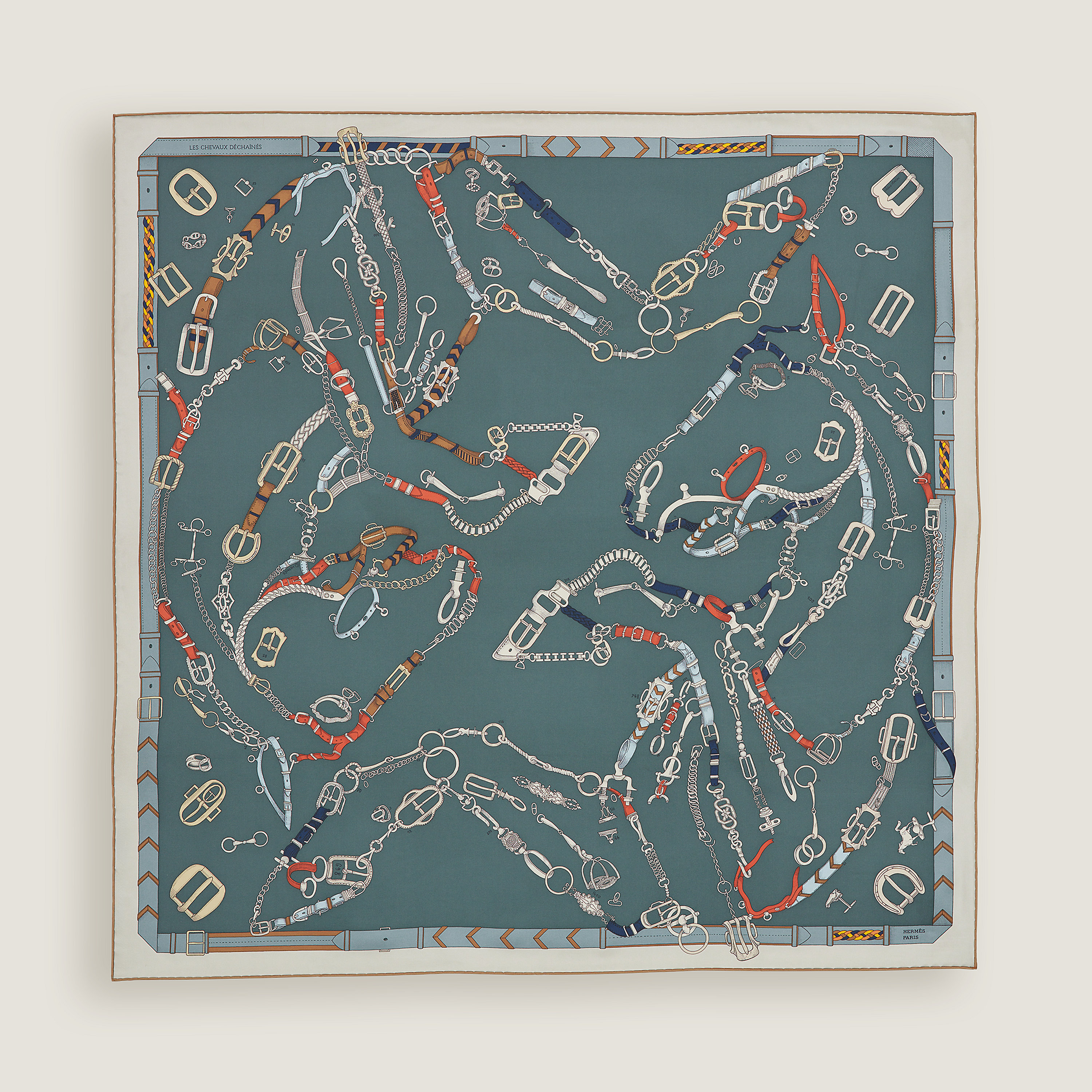 エルメス　チーフ Hermès Les Chevaux Dechaines scarf 90 Ardoise Clair/Corail/Gris