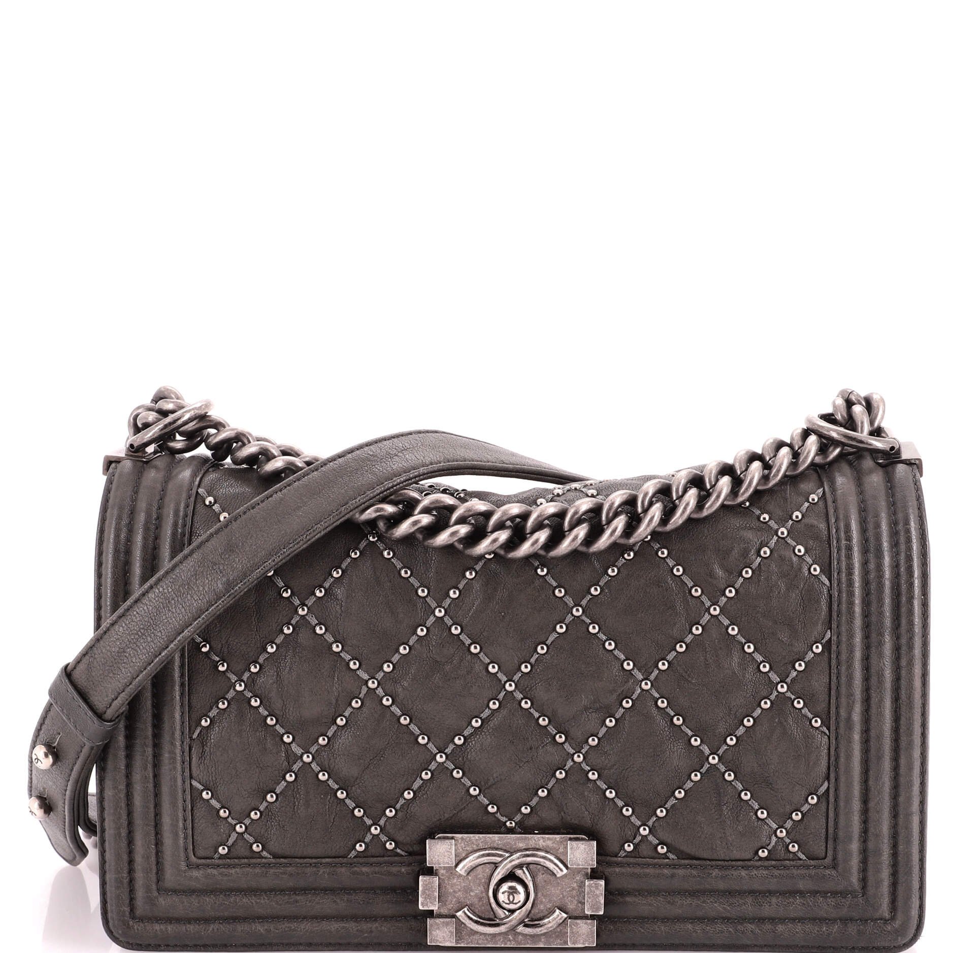 Chanel Boy Flap Bag Studded Quilted Distressed Calfskin Old Medium