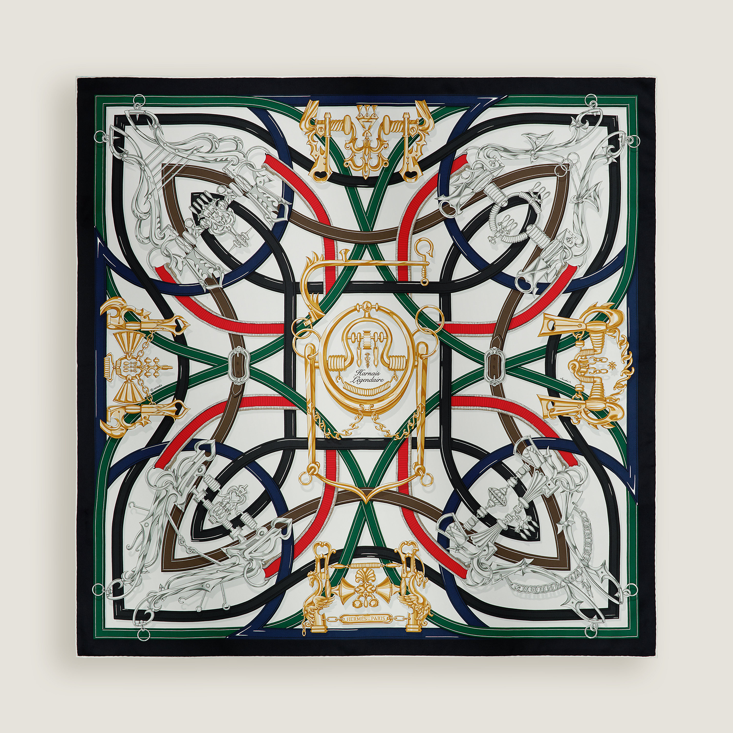 Hermès Harnais Legendaire scarf 90 Blanc/Vert Loden/Rouge | BagUSeek