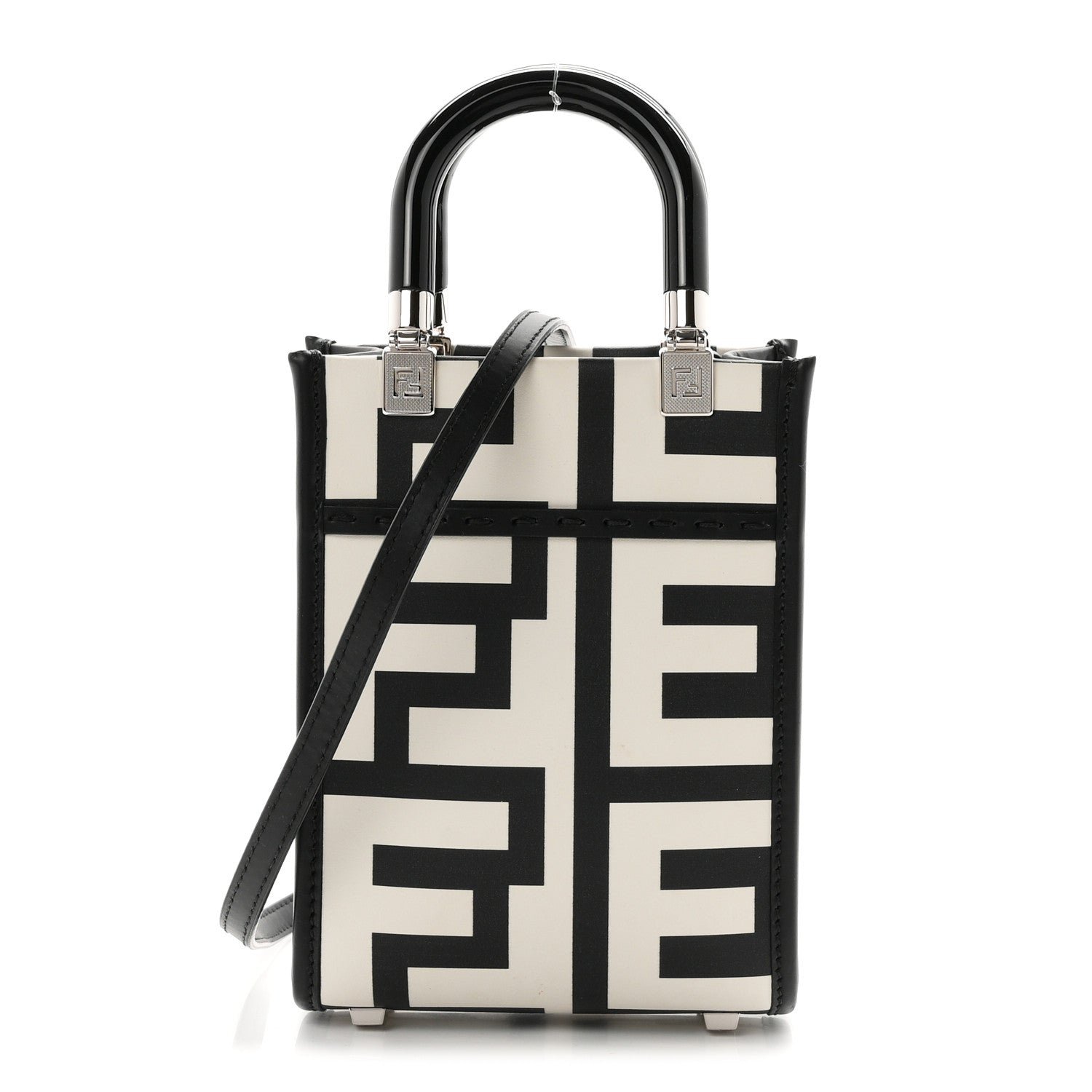 Fendi X MARC JACOBS Vitello King Plexiglass Logo Print Mini Fendi Sunshine Shopper Tote Black White