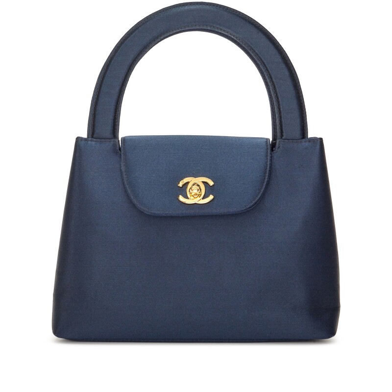 Vintage Navy Blue Satin CC Top Handle Mini Kelly Bag Gold Hardware, 1997