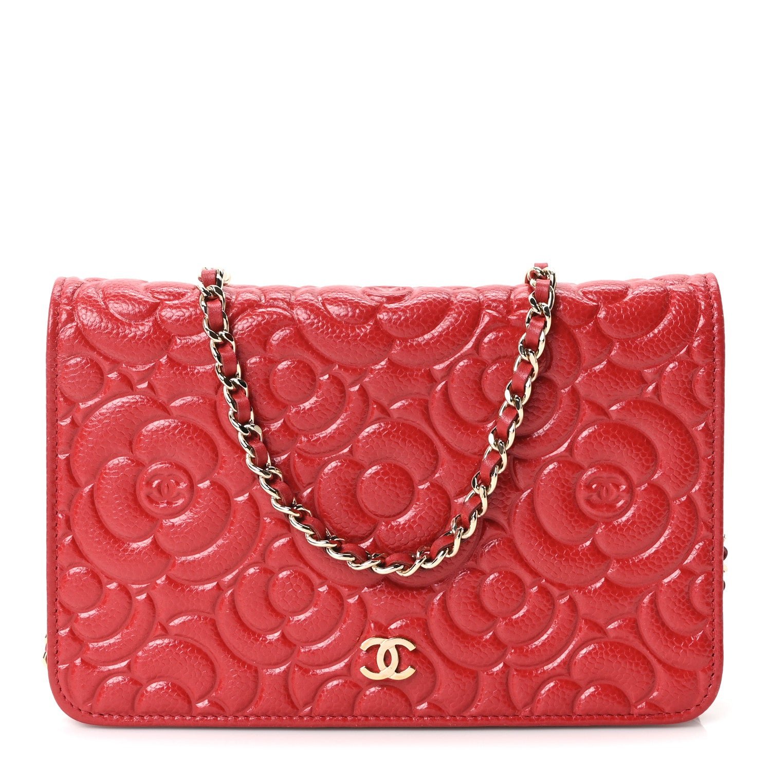 Chanel Caviar Camellia Embossed Wallet On Chain WOC Red