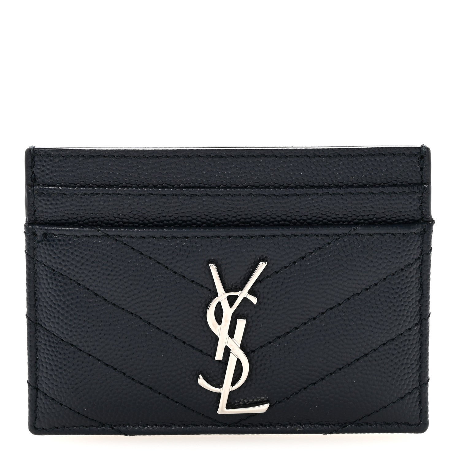 Saint Laurent Grain De Poudre Matelasse Chevron Monogram Credit Card Case Deep Marine