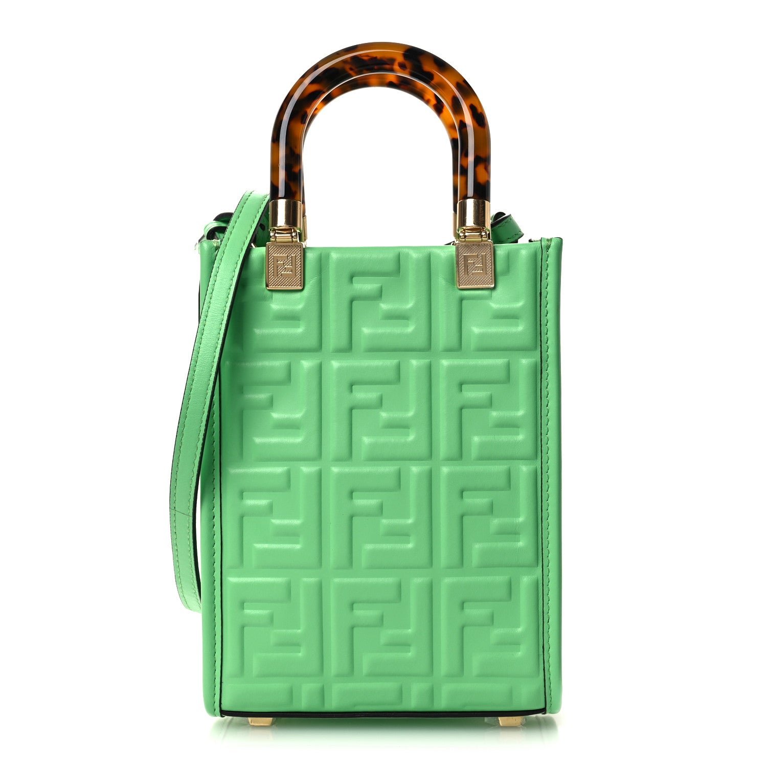 Fendi Vitello Plexiglass FF Embossed Mini Fendi Sunshine Shopper Tote Edamame