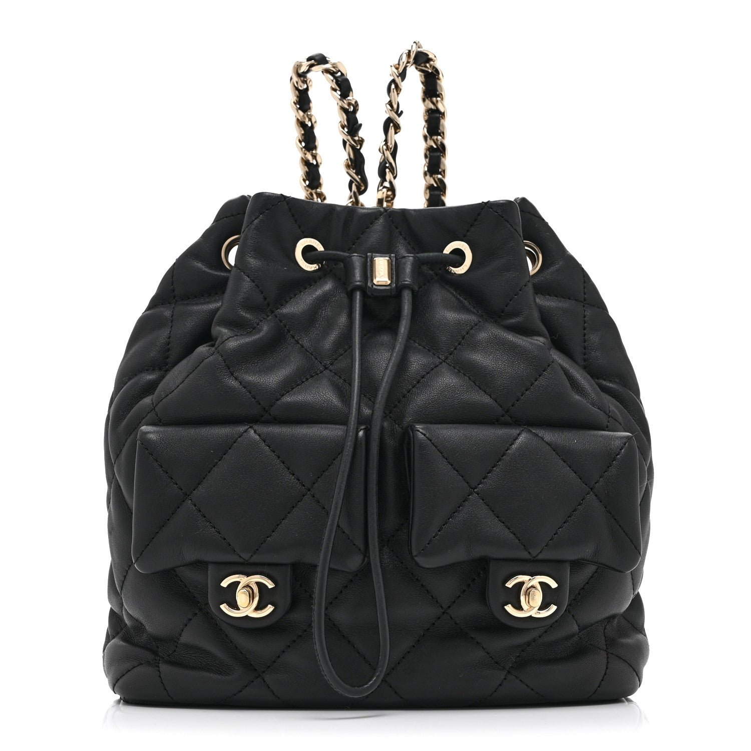 Chanel Calfskin Quilted Double Pocket Drawstring Backpack Black