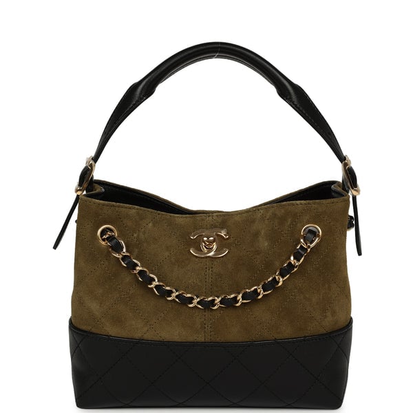 Chanel Mini Coco Base Bag Khaki Suede, Black Lambskin Gold Hardware