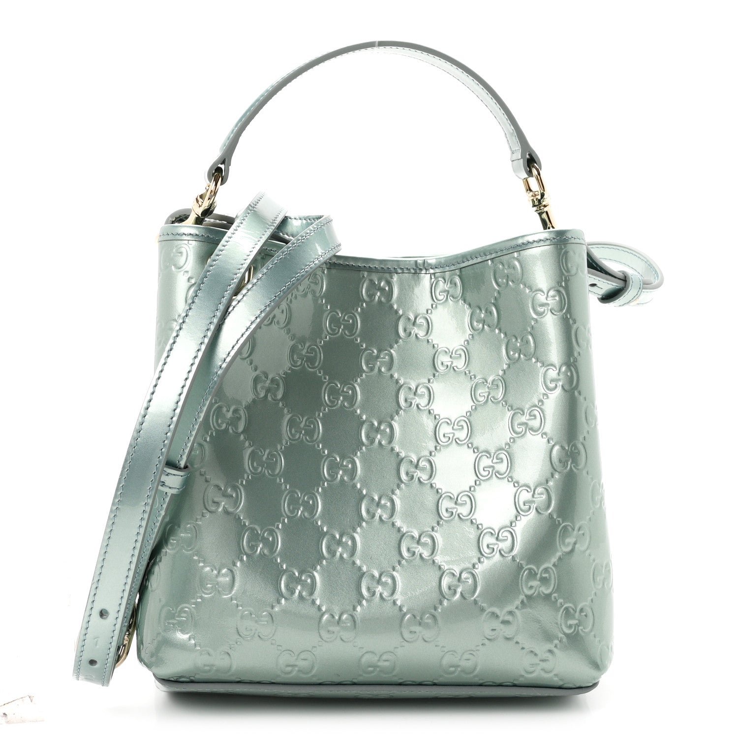 Gucci Patent GG Emblem Small Bucket Bag Light Blue