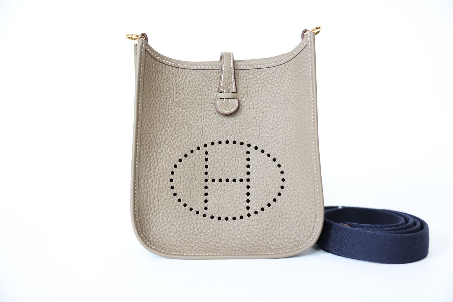 Hermes Hermes Evelyne 16 TPM, Etoupe Clemence and Bleu Indigo Web Canvas with Gold Hardware, W 2024, New in Box KJRB001