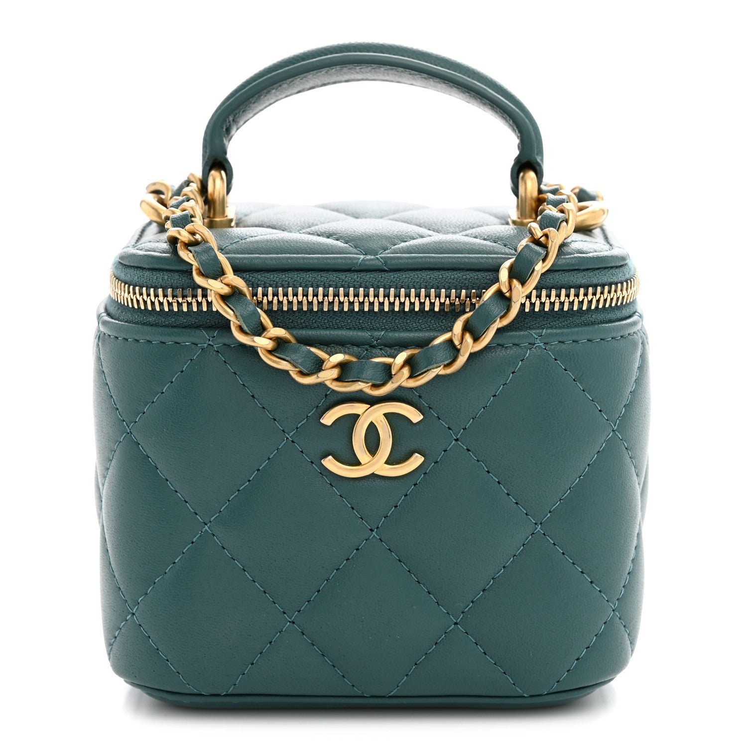 Chanel Lambskin Quilted Top Handle Mini Vanity Case With Chain Green