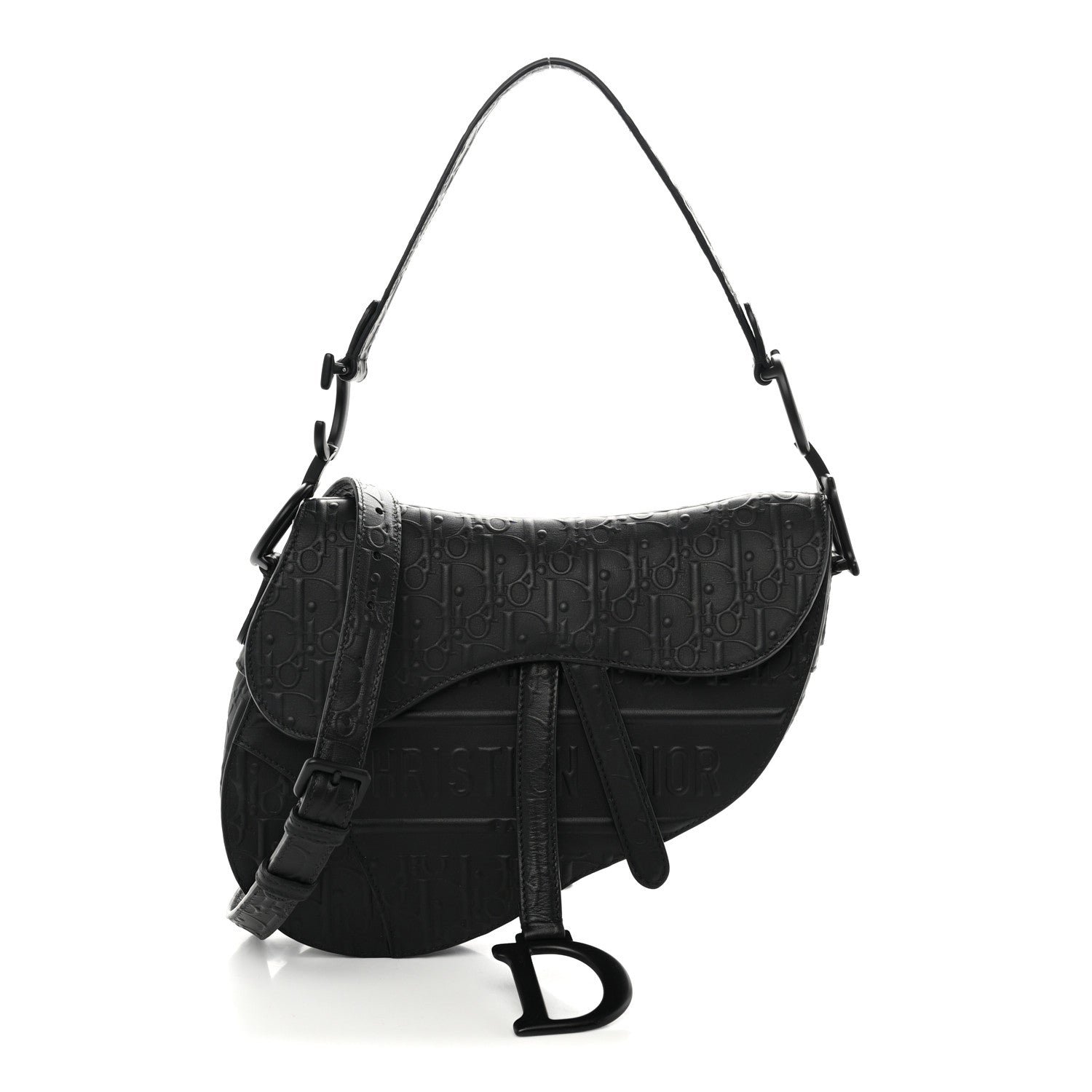 Christian Dior Calfskin Embossed Oblique Saddle Bag With Strap Black
