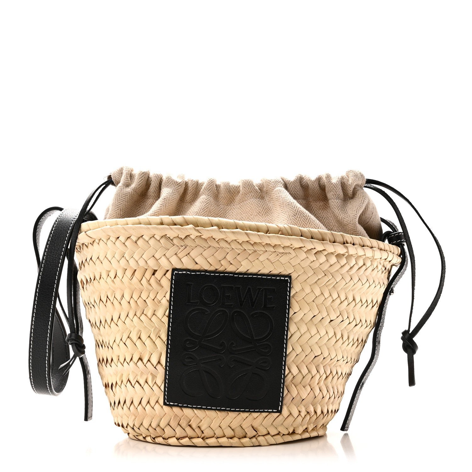 Loewe Leaf Palm Calfskin Drawstring Bucket Bag Natural Black